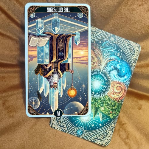 The Emperor Tarot Card Meaning - 4 Major Arcana Tarot Card Meanings The Emperor tarot card reversed, showing the same royal figure upside down, symbolizing loss of control, rigidity, or misuse of authority. The throne, staff, crystals, and cosmic symbols remain, but the inversion highlights instability, power struggles, or excessive dominance. This image represents the reversed meaning of The Emperor tarot card as described in the blog post, focusing on control issues, stubbornness, or lack of structure.