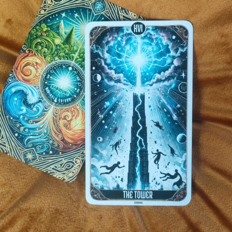 Image of The Tower Tarot Card in upright position. The illustration shows a tall black tower struck by lightning at its top, exploding into a bright burst of blue and white light. Multiple figures are falling from the tower, symbolizing chaos and destruction. The background features cosmic elements like planets, stars, and swirling clouds, with an intense energy radiating from the explosion. The card is placed on a golden fabric surface, with the colorful back of another tarot card partially visible beneath it.
