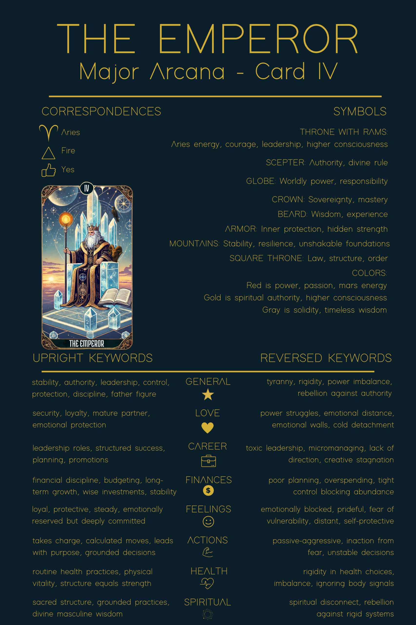 The Emperor Tarot Card Meaning - 4 Major Arcana Tarot Card Meanings The Emperor Tarot Cheat Sheet. The Emperor tarot card displayed with extensive information. Correspondences show Aries, Fire, and Yes. Symbols mention throne with rams, scepter, globe, crown, armor, mountains, and square throne. Upright keywords highlight authority, leadership, protection, and stability. Reversed keywords mention tyranny, emotional distance, toxic leadership, financial mismanagement, and spiritual rebellion.