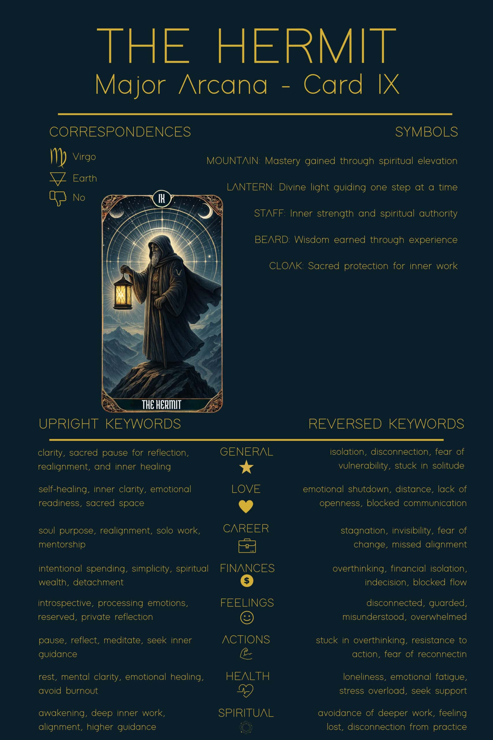 The Hermit Tarot Card Meaning - 9 Major Arcana Tarot Card Meanings The Hermit Tarot Cheat Sheet. Illustration of The Hermit tarot card with thorough meanings. Correspondences include Virgo, Earth, and No. Symbols include mountain, lantern, staff, beard, and cloak. Upright keywords cover reflection, self-healing, realignment, and inner guidance. Reversed keywords mention isolation, disconnection, financial stagnation, and resistance to spiritual work.