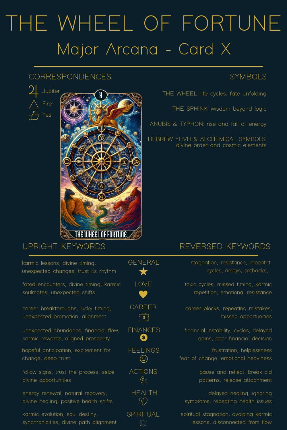 Infographic of The Wheel of Fortune Tarot Cheat Sheet. The image features The Wheel of Fortune tarot card at the center with upright meanings like karmic lessons, divine timing, and unexpected changes, and reversed meanings such as stagnation, repeated cycles, and setbacks. Symbols include The Wheel, The Sphinx, Anubis & Typhon, and Hebrew YHVH & alchemical symbols. Correspondences: Jupiter, Fire.