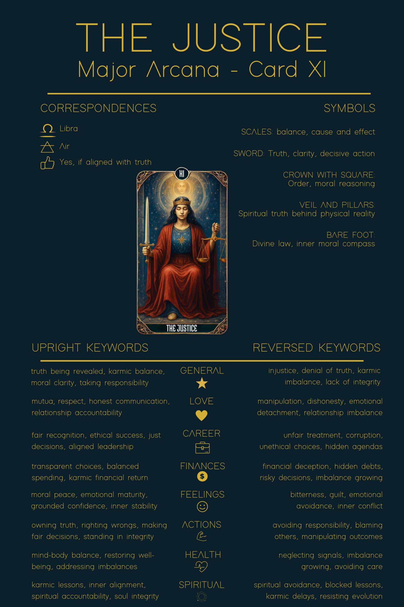 Infographic of The Justice Tarot Cheat Sheet. The image shows The Justice tarot card with upright keywords like truth, karmic balance, moral clarity, and reversed meanings such as injustice, denial of truth, and karmic imbalance. Symbols include Scales, Sword, Crown with Square, Veil and Pillars, Bare Foot. Correspondences: Libra, Air.