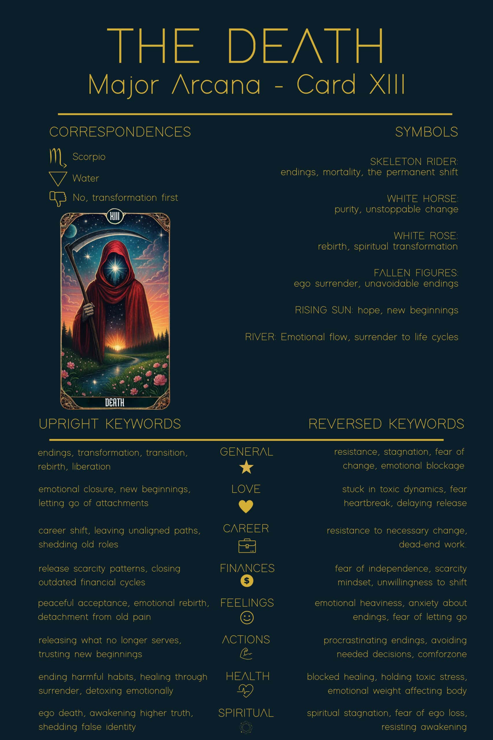 The Death Tarot Card Meaning - 13 Major Arcana Tarot Card Meanings Infographic of The Death Tarot Cheat Sheet. The Death tarot card appears with upright meanings like endings, transformation, rebirth, and reversed meanings such as resistance, fear of change, and emotional blockage. Symbols include Skeleton Rider, White Horse, White Rose, Fallen Figures, Rising Sun, and River. Correspondences: Scorpio, Water.