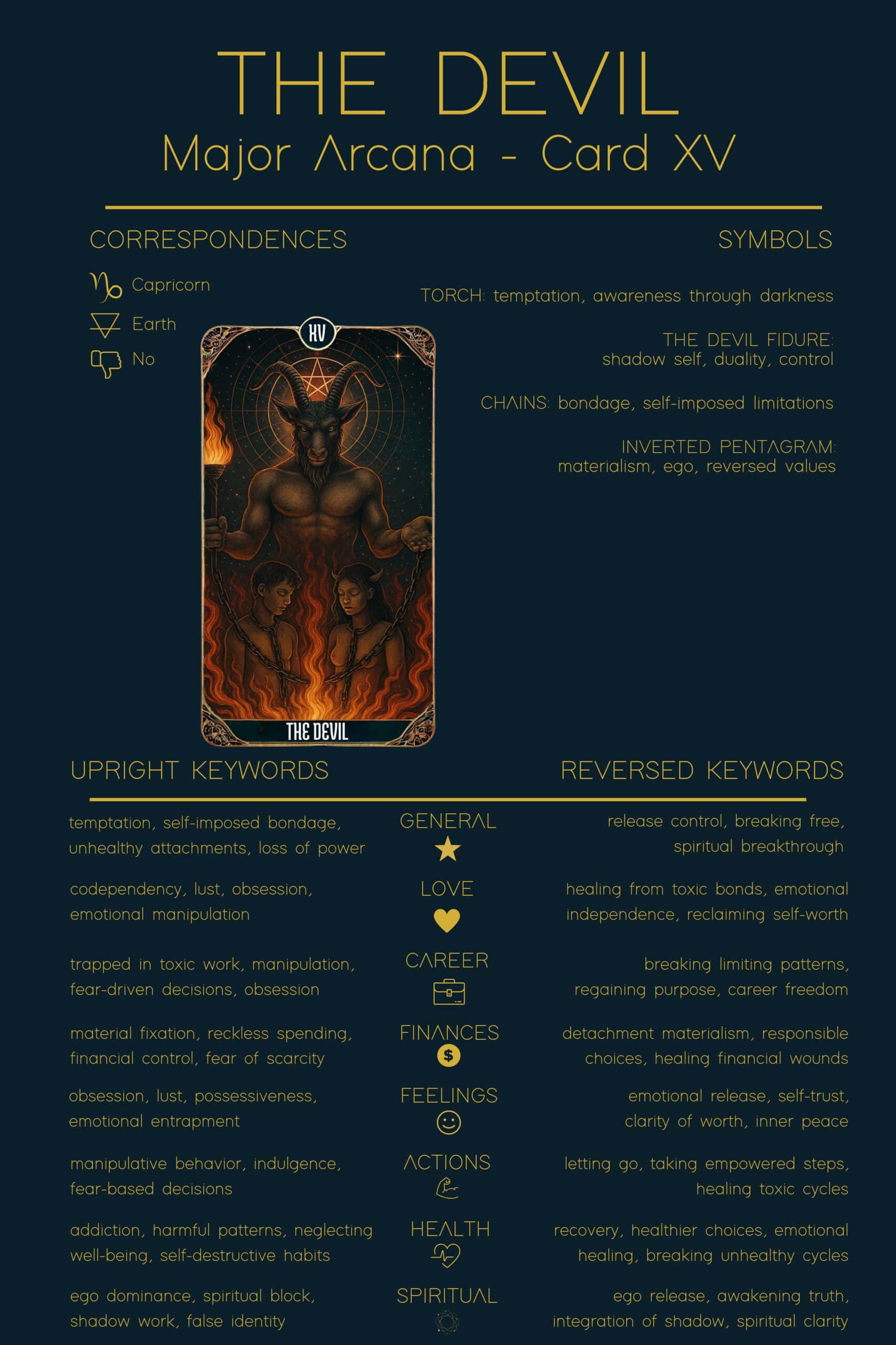 Infographic of The Devil Tarot Cheat Sheet. The Devil tarot card is featured with upright meanings like temptation, self-imposed bondage, unhealthy attachments, and reversed meanings such as release control, spiritual breakthrough, and emotional independence. Symbols include Torch, The Devil Figure, Chains, and Inverted Pentagram. Correspondences: Capricorn, Earth.
