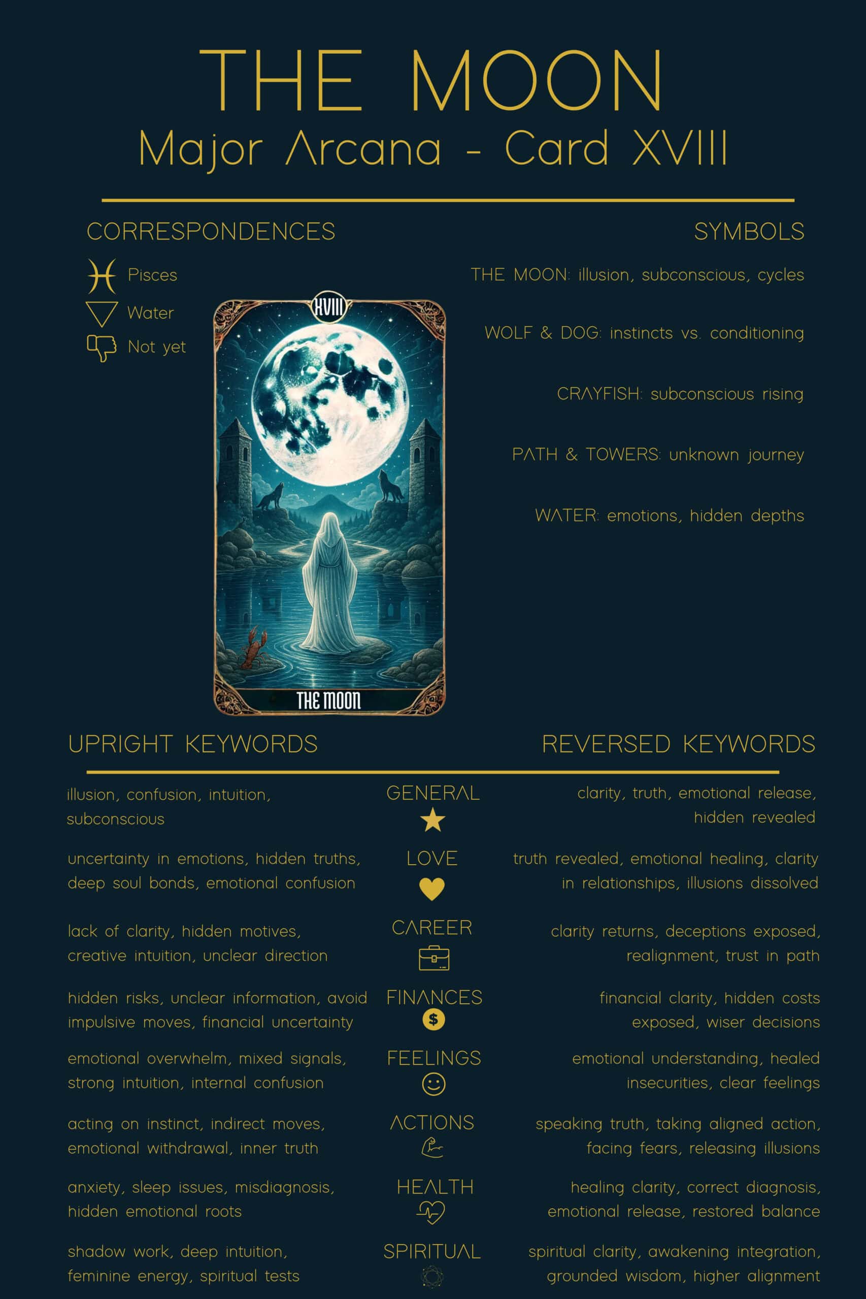 Infographic of The Moon Tarot Cheat Sheet. The image shows The Moon tarot card in the center, surrounded by keywords for upright meanings such as illusion, confusion, intuition, subconscious, and reversed meanings like clarity, truth, and emotional release. Symbols explained include The Moon, Wolf & Dog, Crayfish, Path & Towers, and Water. Correspondences: Pisces, Water. The background includes the colorful Sabiduri card backs.