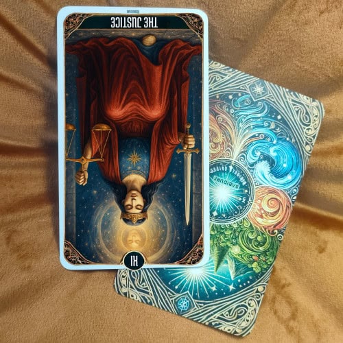 The Justice tarot card reversed, displaying the same armored figure upside down, symbolizing imbalance, dishonesty, injustice, or unfair outcomes. The blindfolded figure still holds the sword and scales, while the cosmic background of stars and sacred symbols remains present. The inversion highlights unfair treatment, personal bias, or legal complications. This image represents the reversed meaning of The Justice tarot card as discussed in the blog post, focusing on dishonesty, accountability issues, and consequences of unethical actions.