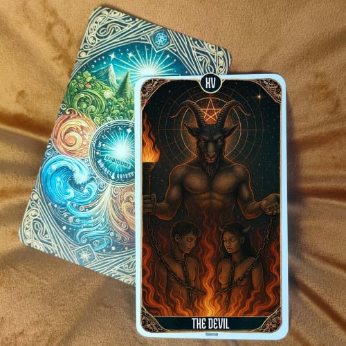 Image of The Devil Tarot Card in upright position. The card depicts a dark silhouette of a figure with a glowing white circle behind its head, chains hanging from its wrists, surrounded by red flames rising up like wings. The background is cosmic, featuring stars, swirling energy, and planetary symbols. The card is placed on a brown velvet surface, partially covering a colorful card back decorated with swirling patterns in blue, red, green, and yellow, with the word 'Sabiduri' in the center.