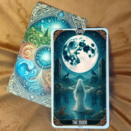 Illustration of The Moon Tarot Card upright. The card shows a large glowing full moon dominating the starry sky, with clouds surrounding it. A shadowy female figure in a long dress stands beneath the moon, looking upward while standing on a reflective body of water. Planets and stars float in the background, creating a mystical and cosmic atmosphere. The back of another colorful card featuring swirling elements of water, fire, air, and earth is partially visible beneath The Moon Tarot Card