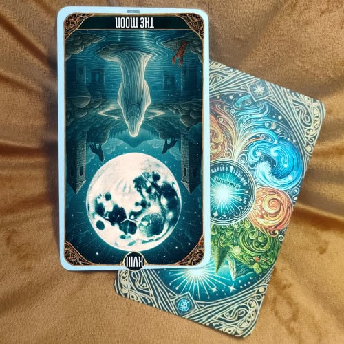 Illustration of The Moon Tarot Card reversed. The upside-down card features a luminous full moon above, surrounded by dark clouds and planets in a cosmic night sky. A cloaked figure appears inverted at the bottom of the card, with the water and clouds giving a surreal reversed perspective. The back of another colorful card with swirling elemental designs is partially visible behind The Moon Tarot Card.