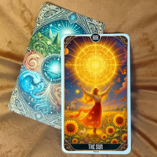 Illustration of The Sun Tarot Card in upright position. The card shows a glowing yellow sun at the center radiating bright golden rays across a colorful sky with planets, stars, and clouds. A joyful figure in an orange robe stands below the sun with arms open wide, surrounded by vibrant sunflowers and lush greenery, symbolizing happiness, success, and positivity.