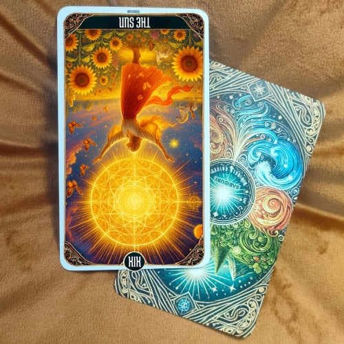 Illustration of The Sun Tarot Card in reversed position. The card displays the same vibrant imagery with a radiant golden sun, planets, and a colorful sky, but flipped upside down. The joyful figure in an orange robe appears inverted above the sun, surrounded by bright sunflowers and cosmic elements, representing The Sun Tarot Card in its reversed meaning.