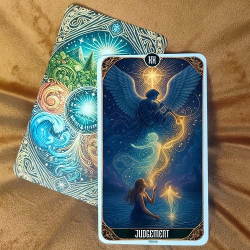 The card depicts an angel blowing a trumpet in a radiant, celestial setting. Below, figures rise from the water, symbolizing rebirth and enlightenment as they answer the call to judgment.
