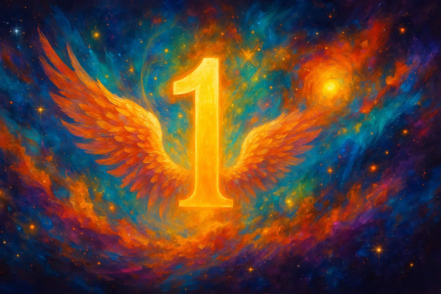 Angel Number Cheat Sheet: Everything You Need to Know About Angel Numbers The number 1 glowing with golden light, framed by angel wings in a cosmic sky, representing the power of Angel Number 1 as a sign of leadership and spiritual awakening.