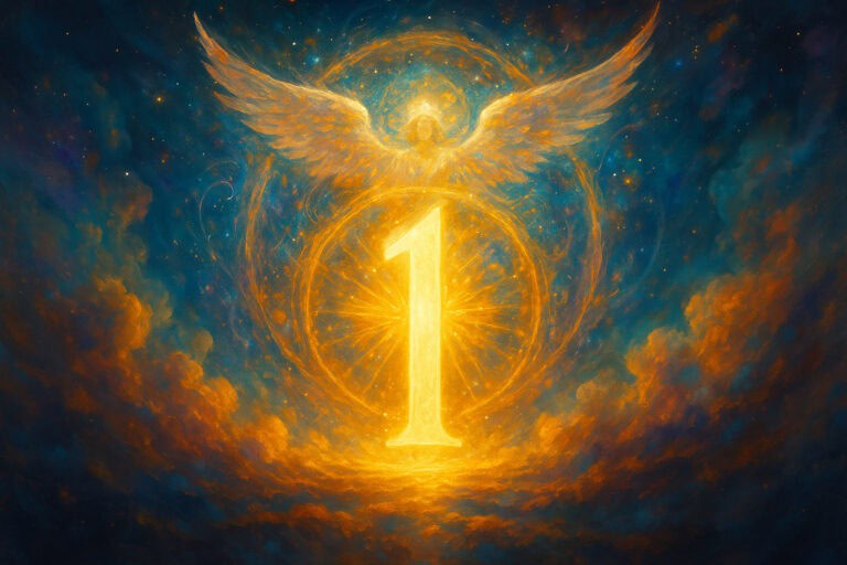 A radiant angel with golden wings rising between dark cliffs, symbolizing the divine guidance and new beginnings represented by Angel Number 1.