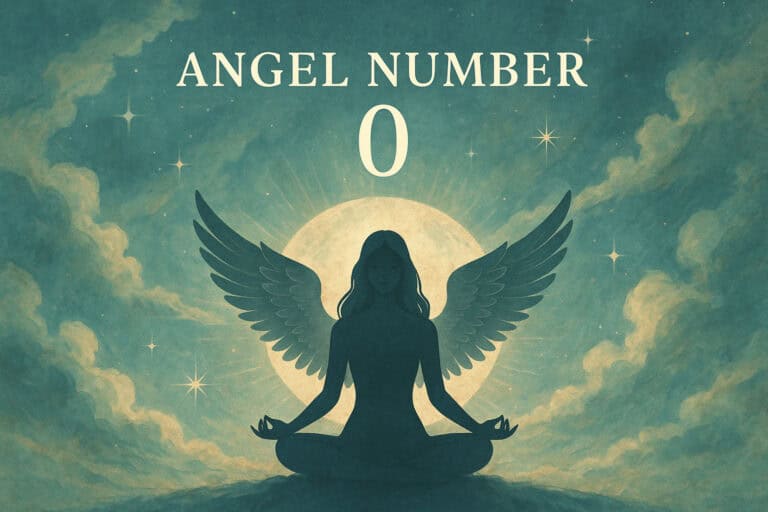 A meditating figure with angel wings silhouetted against a glowing moon and stars, embodying the spiritual awakening and inner peace that Angel Number 0 represents.