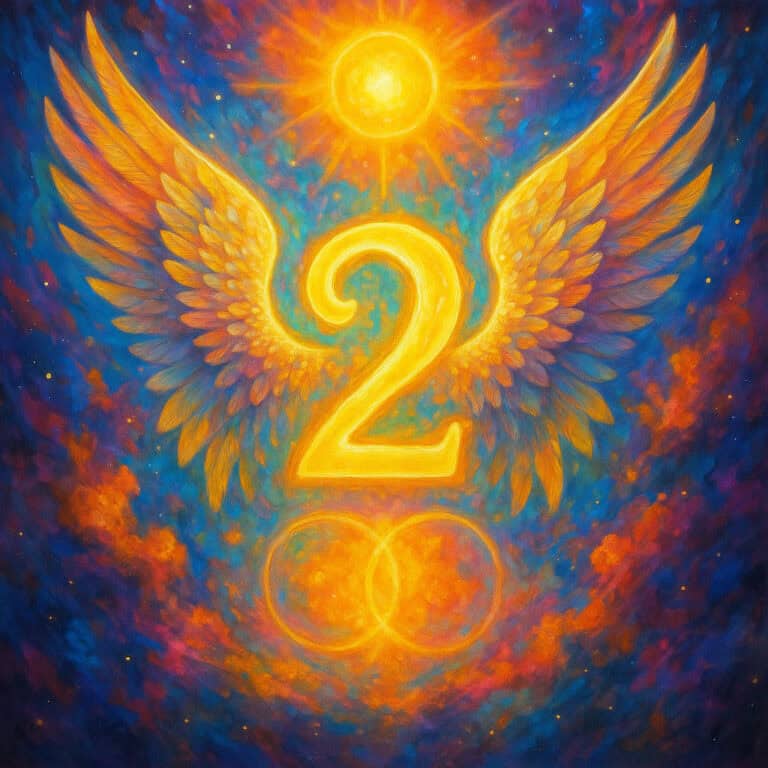 A golden number 2 with angel wings, illuminated by a radiant sun and set against a colorful cosmic background. Represents balance, harmony, and divine timing in Angel Number 2.