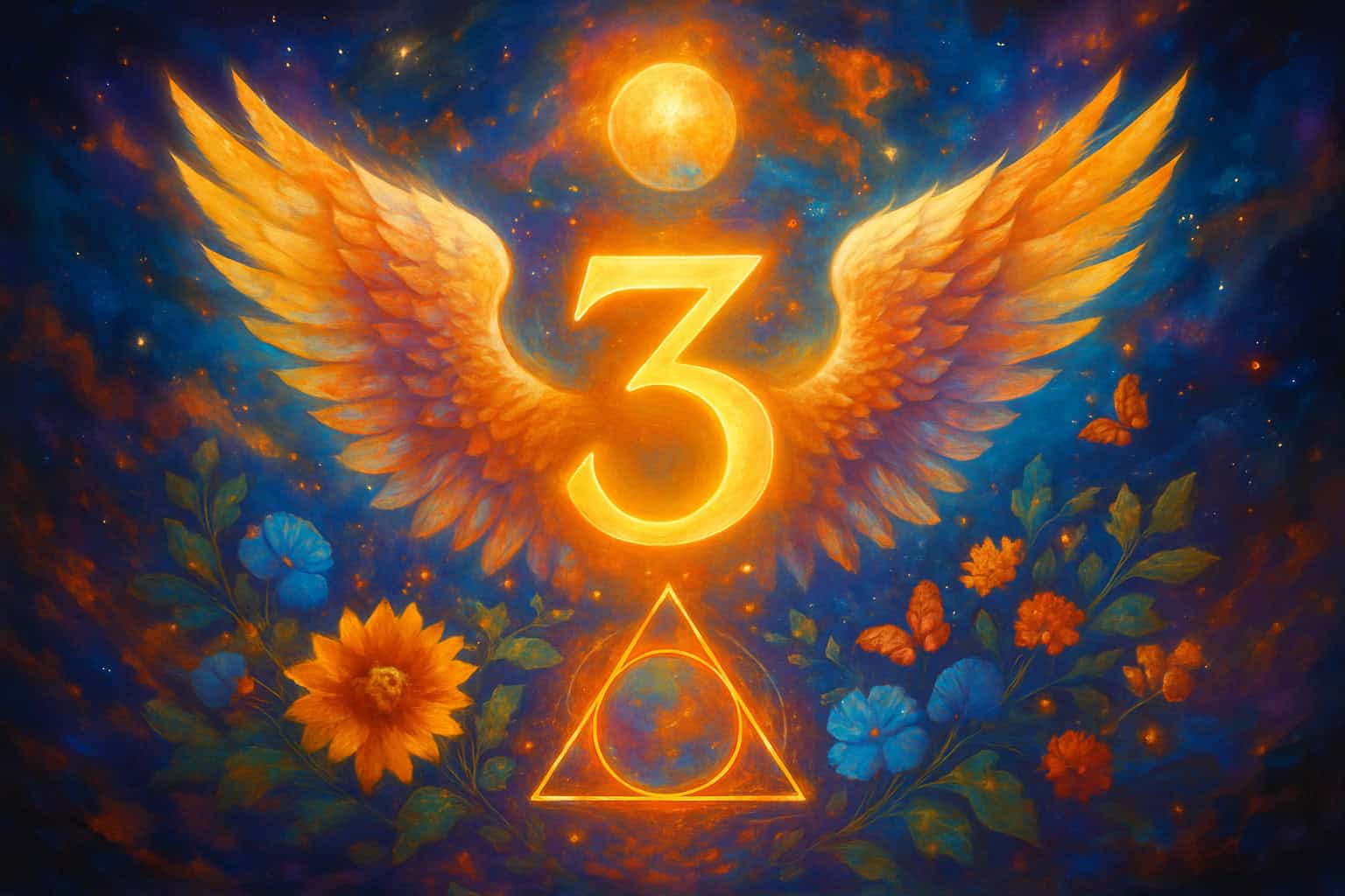 The golden number 3 appears between angel wings surrounded by flowers and butterflies, with a triangle below, representing creativity, growth, and balance.