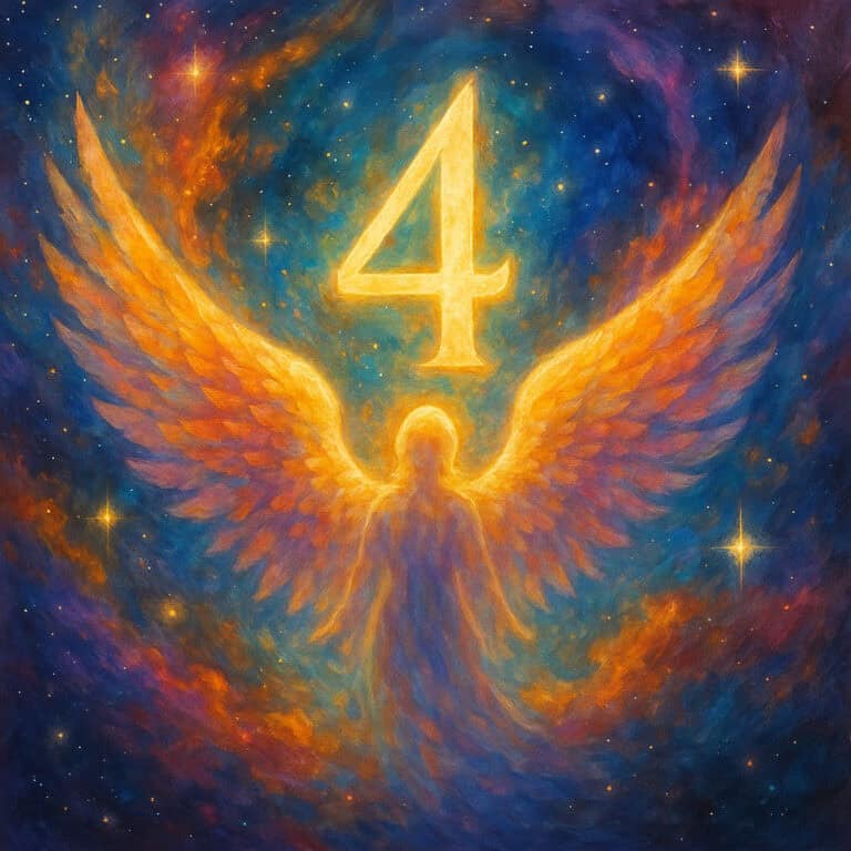 An angelic figure with golden wings emerging from cosmic light, with a glowing number 4 above, reflecting divine guidance and stability.