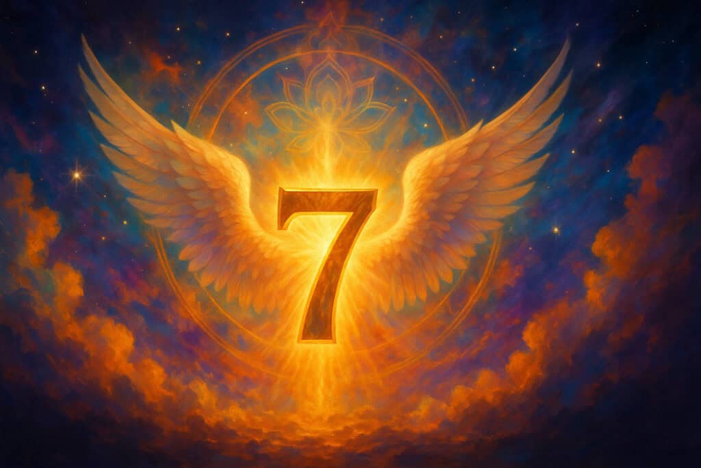 Angel Number Cheat Sheet: Everything You Need to Know About Angel Numbers A glowing golden number 7 with radiant angel wings set against a cosmic sky, symbolizing the divine guidance of angel number 7.