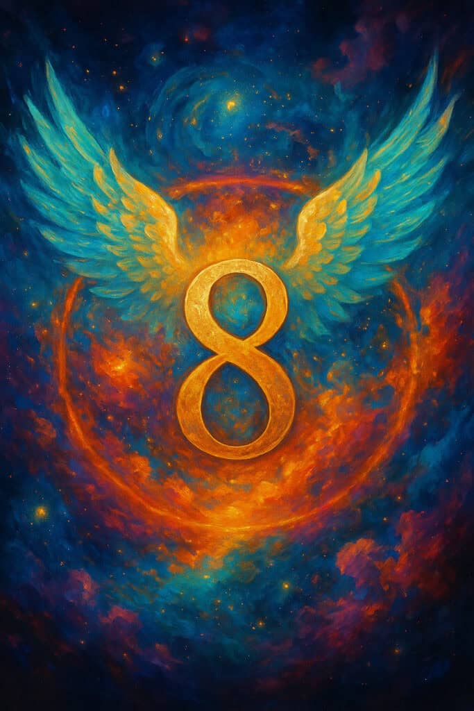 Why You Keep Seeing Angel Number 8 Everywhere? Golden number 8 with turquoise wings radiating through a swirling galaxy of fiery orange and deep blue, symbolizing abundance and balance in Angel Number 8.