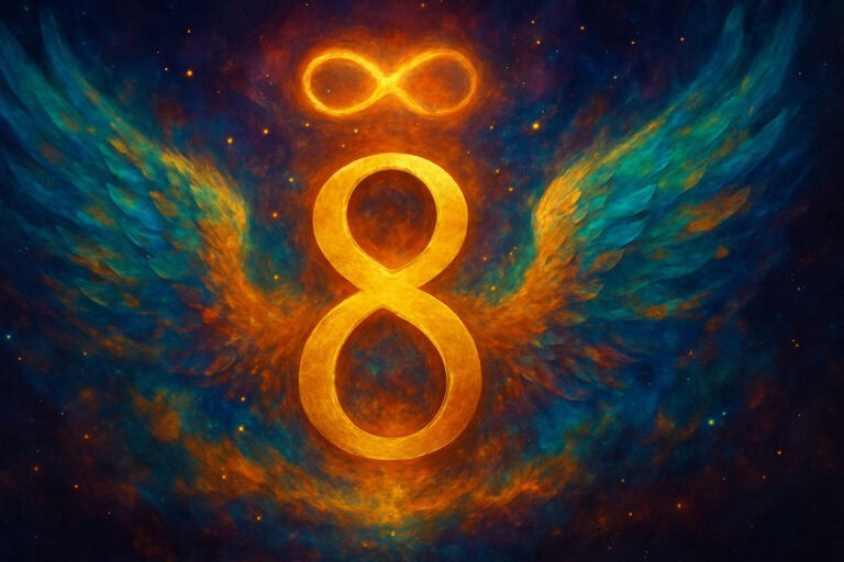 Golden number 8 with glowing wings and infinity symbol above, set in a cosmic sky of blue, orange, and stars—symbolizing the spiritual energy of Angel Number 8.