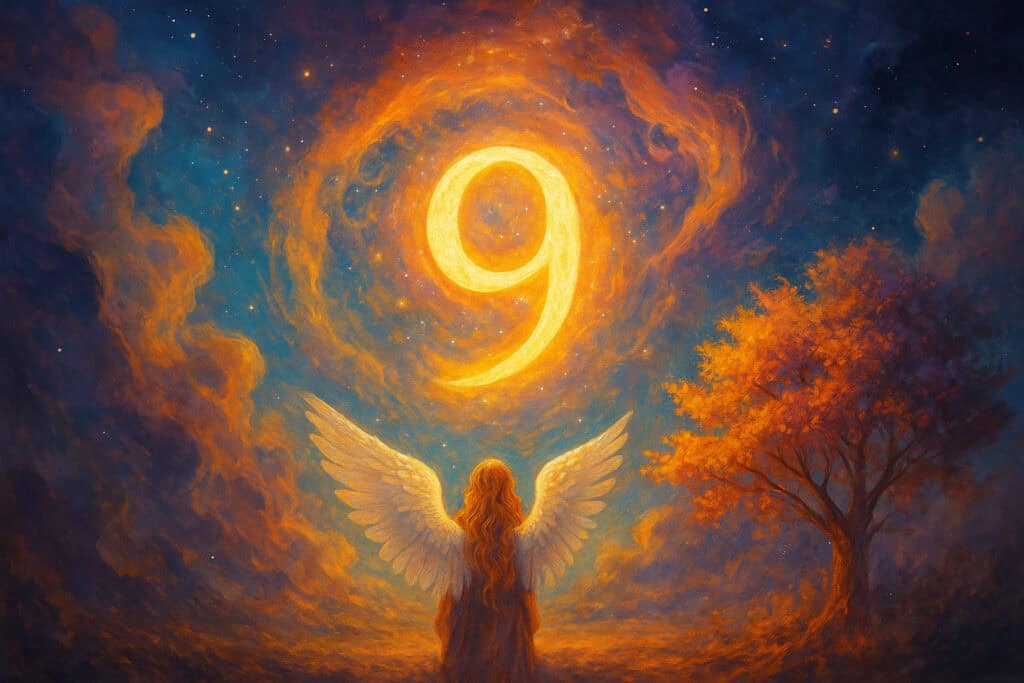 Discover the Spiritual Meaning of Angel Numbers 9 An angel with glowing wings looks up at a radiant number 9 in the night sky, surrounded by stars and a vibrant tree, capturing the essence of angel numbers 9 as completion and new beginnings.
