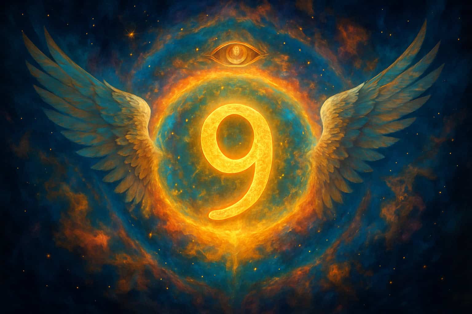 Angel Number Cheat Sheet: Everything You Need to Know About Angel Numbers The number 9 shines with fiery light inside a cosmic circle, framed by angel wings and a glowing eye, reflecting the spiritual power of angel numbers 9 and divine guidance.