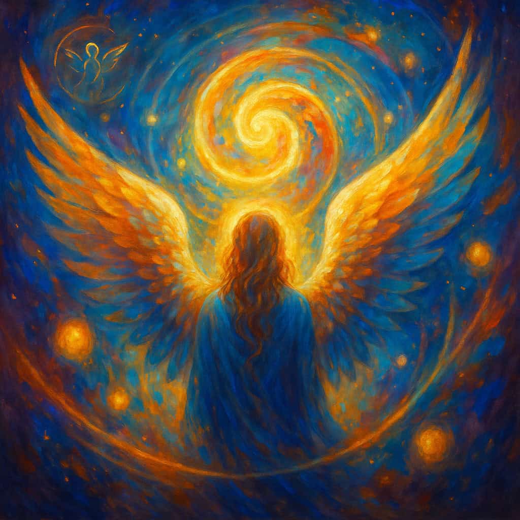 Discover the Spiritual Meaning of Angel Numbers 9 An angel with golden wings gazes into a cosmic spiral of stars, representing spiritual awakening and the deeper message of angel numbers 9 meaning transformation.