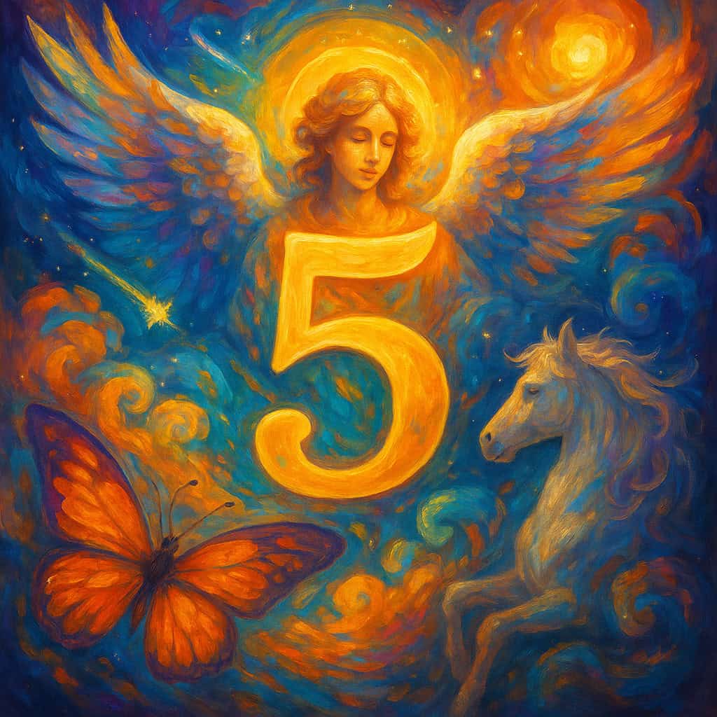 A luminous angel stands with wings spread beside a glowing number 5, joined by a butterfly and a white horse, embodying change, strength, and movement linked to Angel Number 5.
