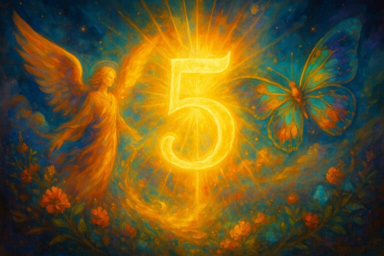 A glowing golden number 5 radiates light between a guardian angel and a vibrant butterfly, symbolizing transformation and freedom connected to Angel Number 5.