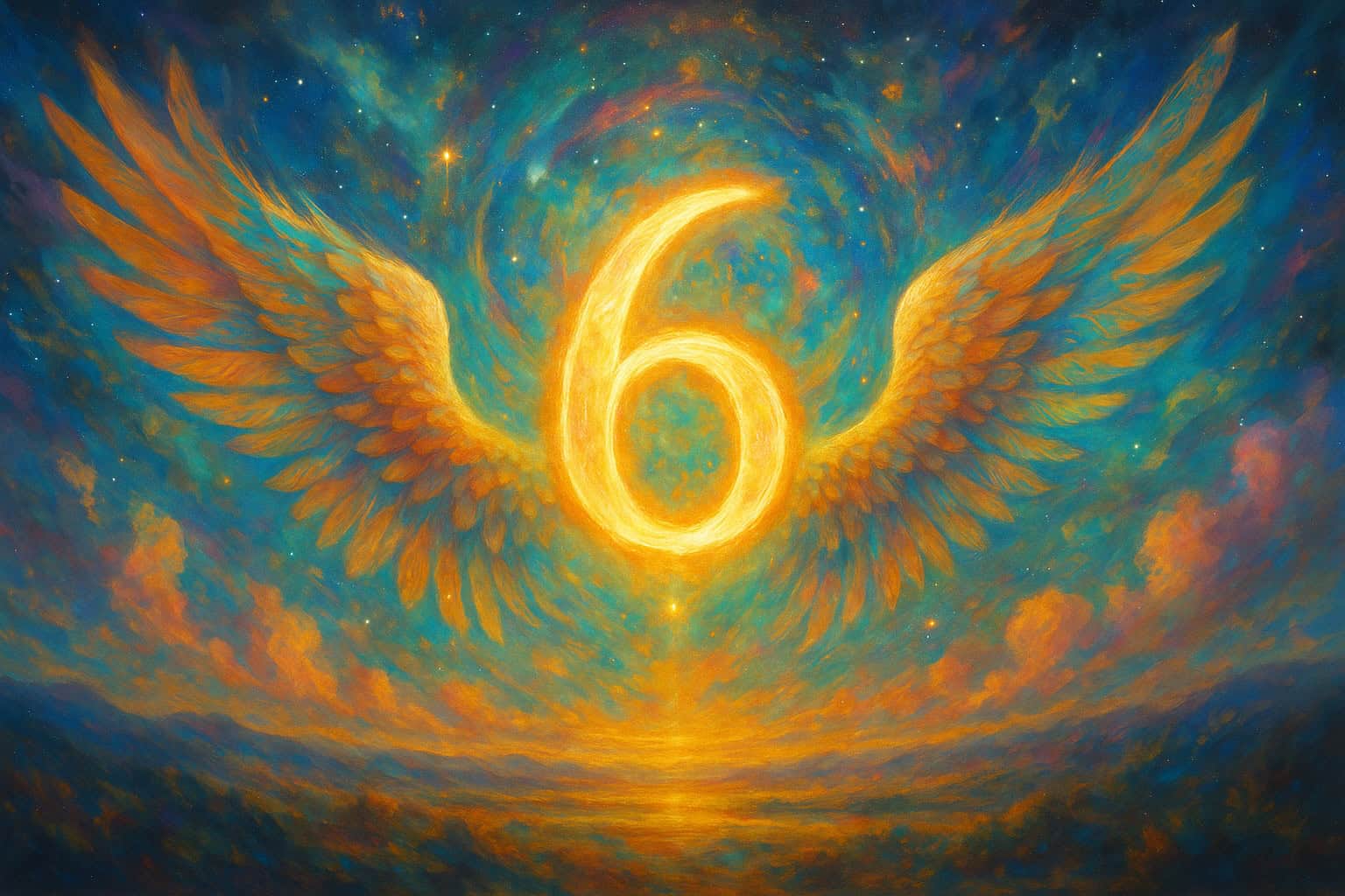 Angel Number Cheat Sheet: Everything You Need to Know About Angel Numbers A radiant number 6 with golden wings floating above a colorful horizon, representing divine guidance and the uplifting energy of Angel Number 6.