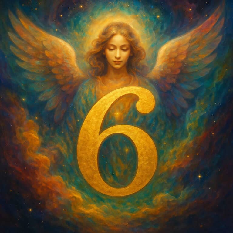 A golden number 6 glowing in front of an angel with soft wings, symbolizing the spiritual meaning of Angel Number 6 as balance and harmony.