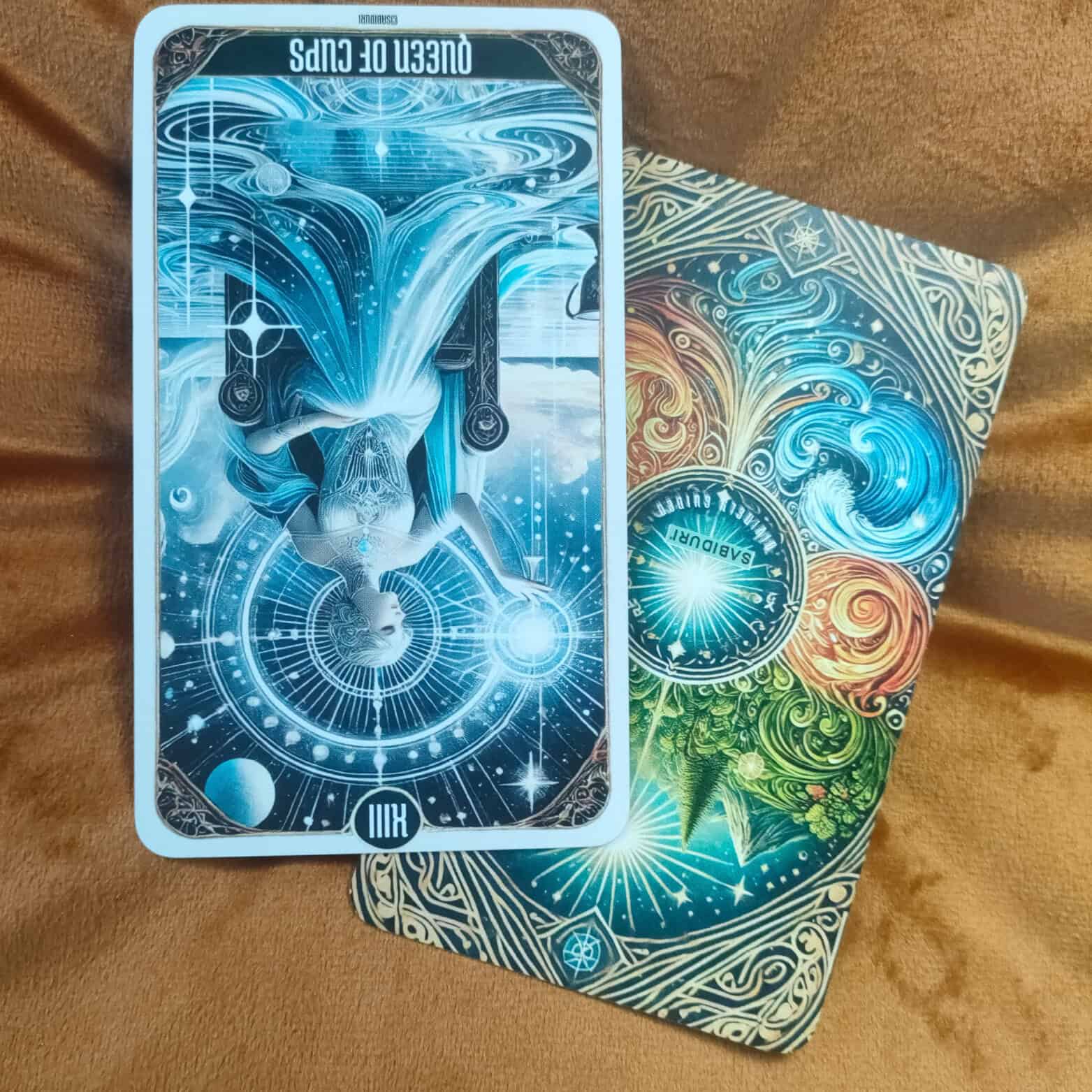 A Queen of Cups tarot card shown in reversed position on a brown cloth background, with the Sabiduri deck’s colorful card back behind it. The artwork depicts a serene queen in blue robes seated by water, holding a glowing orb, symbolizing intuition and emotional wisdom turned upside down.