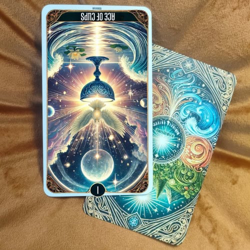 Ace of Cups Tarot Card Meaning - Minor Arcana Tarot Card Meanings Photo of the Ace of Cups tarot card in reversed position, placed over the back of another card with swirling elemental artwork. Represents the blocked or reversed meaning of the Ace of Cups tarot card.