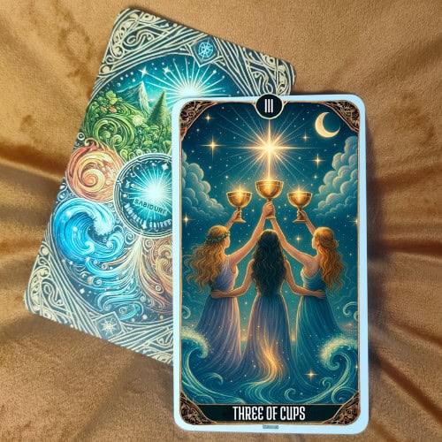 Tarot Three of Cups Card Meaning - Minor Arcana Tarot Card Meanings The Three of Cups tarot card upright displayed on a brown fabric background. The artwork shows three glowing cups in harmony under a radiant star, representing joy, celebration, and community—the core upright meaning of the Three of Cups.