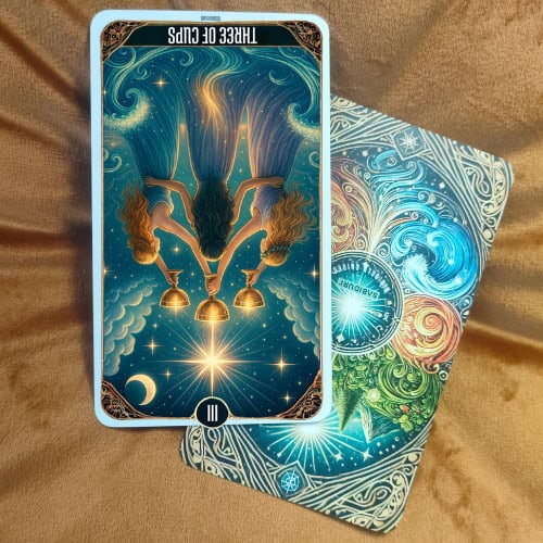 Tarot Three of Cups Card Meaning - Minor Arcana Tarot Card Meanings A tarot card showing the Three of Cups in reversed position placed on a soft brown cloth. The design features three upside-down cups glowing against a cosmic blue sky. This image connects to the meaning of the Three of Cups reversed, symbolizing gossip, exclusion, or overindulgence.