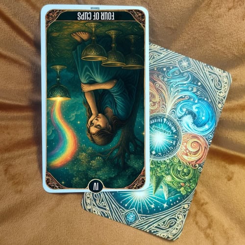 Tarot Four of Cups Card Meaning - Minor Arcana Tarot Card Meanings A tarot card showing the Four of Cups in a reversed position, with glowing blue cups floating in a cosmic background. Used as an example in a post about the Four of Cups tarot card meaning, illustrating how the card can appear in a real reading.
