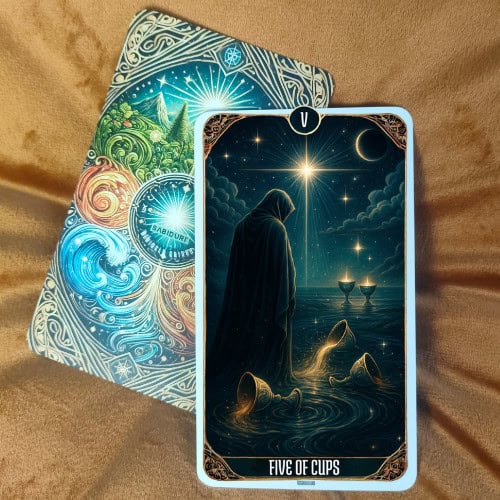 Five of Cups Tarot Card Meaning - Minor Arcana Tarot Card Meanings The Five of Cups tarot card upright, illustrated with five glowing cups beneath a cosmic sky of stars and moons, symbolizing loss, grief, and the reminder that not all is lost. A colorful card back lies behind it on a soft surface.