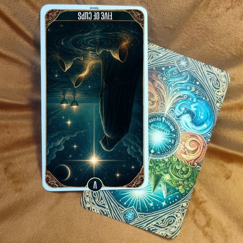 Five of Cups Tarot Card Meaning - Minor Arcana Tarot Card Meanings The Five of Cups tarot card reversed, showing the same cosmic scene with glowing cups upside down, symbolizing healing, self-forgiveness, and moving on from grief. A patterned tarot card back rests beneath it on fabric.