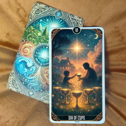 Six of Cups Tarot Card Meaning - Minor Arcana Tarot Card Meanings A Six of Cups tarot card displayed upright, showing six ornate cups glowing with light in a celestial blue background. The design emphasizes harmony, innocence, and nostalgia, reflecting the core symbolism of the Six of Cups in tarot.