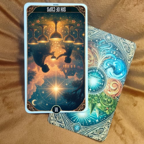 Six of Cups Tarot Card Meaning - Minor Arcana Tarot Card Meanings A Six of Cups tarot card shown in reversed position against a soft background. The cups appear upside down, symbolizing being stuck in the past, immaturity, or the need to let go — key aspects of the Six of Cups reversed meaning.