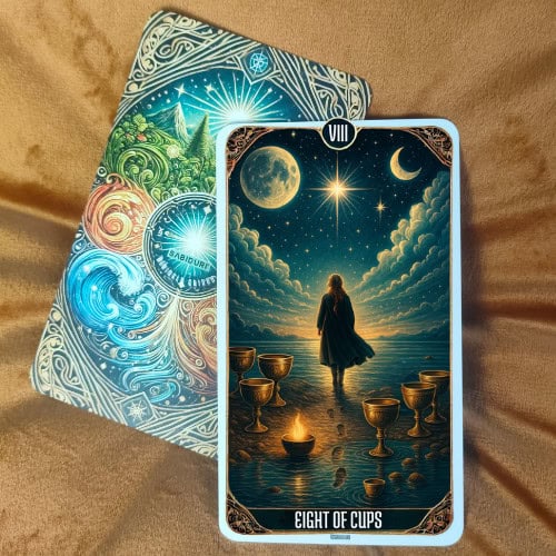8 of Cups Tarot Card Meaning - Minor Arcana Tarot Card Meanings The Eight of Cups tarot card upright, showing a cloaked figure walking away from eight cups under a starry night sky with the moon and planets above. The imagery reflects themes of departure, soul searching, and the journey toward higher truth.