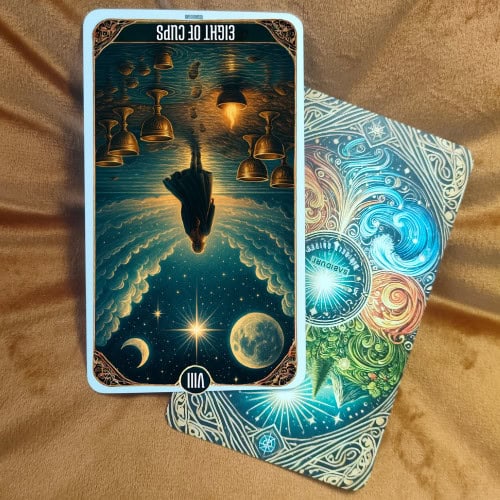 8 of Cups Tarot Card Meaning - Minor Arcana Tarot Card Meanings The Eight of Cups tarot card shown in reversed position, with the figure and cups appearing upside down against the cosmic background. This highlights the reversed meaning of hesitation, fear of change, and clinging to the familiar instead of moving forward.
