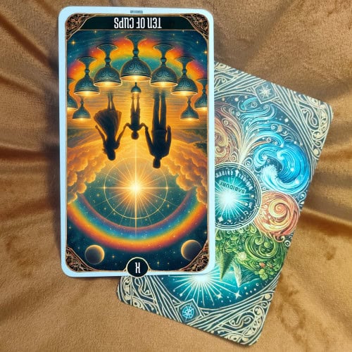 A photo of the Ten of Cups tarot card shown in the reversed position, lying on a cloth background with another Sabiduri card beside it. The card depicts ten blue cups arranged in an arc under a glowing sky, symbolizing fulfillment and harmony. In reverse, it illustrates the 10 of Cups reversed tarot meaning of disconnection, family tension, or unrealistic expectations.