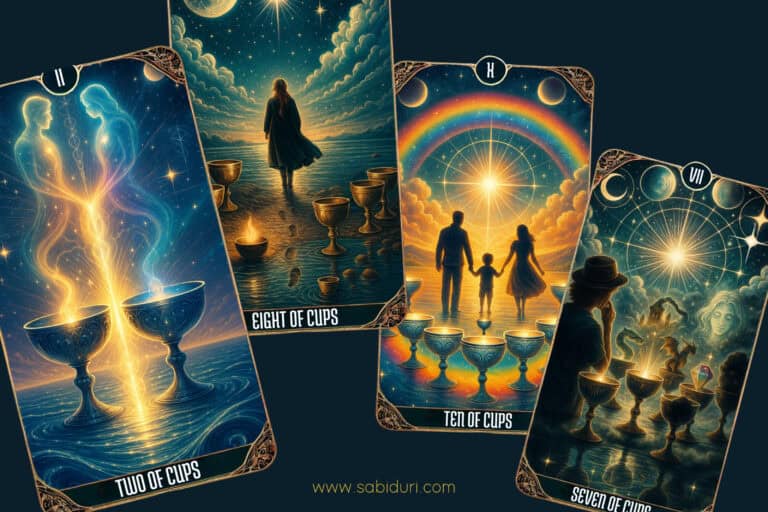 An illustration of four tarot cards from the Suit of Cups: the Two of Cups showing two glowing figures rising from chalices, the Eight of Cups with a lone figure walking away from stacked cups under the night sky, the Ten of Cups showing a family under a radiant rainbow, and the Seven of Cups with a person facing multiple chalices filled with visions. The artwork highlights the emotional, relational, and intuitive meanings of what the Cups represent in tarot.