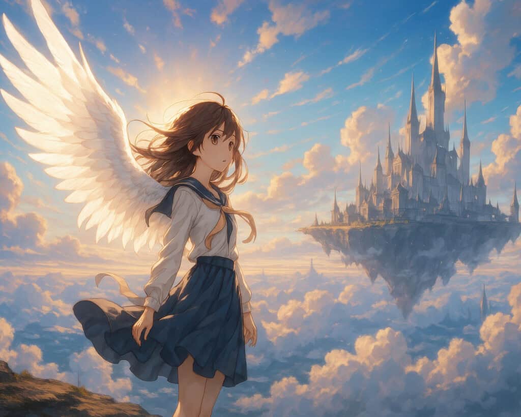 Why You Keep Seeing Angel Number 8 Everywhere? Anime-style illustration of a young girl with glowing angel wings standing in the sky near a floating castle, representing the ethereal guidance of Angel Number 8.