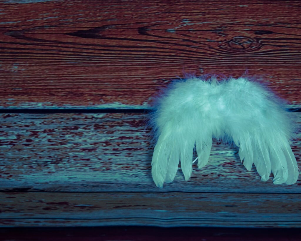 Discover the Spiritual Meaning of Angel Numbers 9 Soft white angel wings rest against a wooden background, a simple reminder of protection, guidance, and the meaning of angel numbers 9 in daily life.