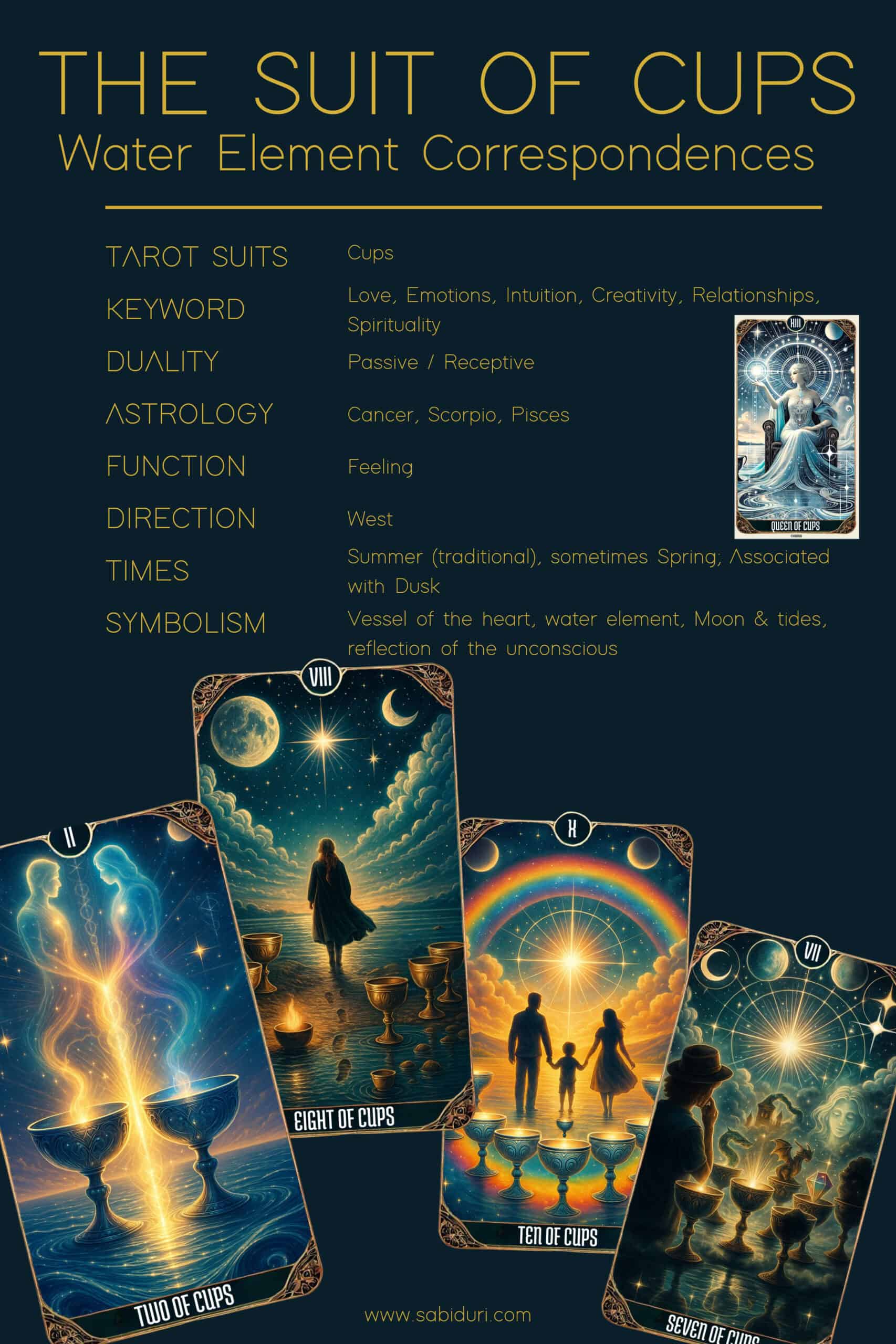What Does Cups Represent in Tarot? Your Heartfelt Guide! A blue and gold infographic titled “The Suit of Cups – Water Element Correspondences,” showing keywords like love, emotions, creativity, intuition, and astrology links to Cancer, Scorpio, and Pisces, with tarot card artwork illustrating the Cups suit.