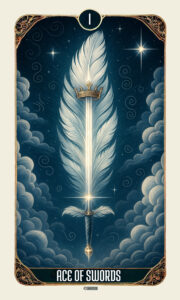 The Ace of Swords tarot card on a golden cloth, featuring a glowing sword rising from a white feather surrounded by swirling clouds and stars. Symbolizes clarity, truth, and mental breakthroughs in the Ace of Swords tarot card meaning.