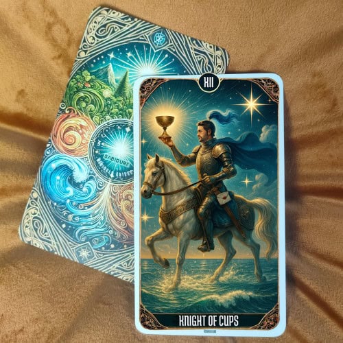 Knight of Cups Tarot Meaning - Minor Arcana Tarot Card Meanings Photograph of the Knight of Cups tarot card in upright position, resting on top of another ornate card back. The imagery depicts a knight on a white horse, carrying a cup against a starry sky and flowing waves, representing the upright Knight of Cups tarot meaning of romance, creativity, and heartfelt invitations.